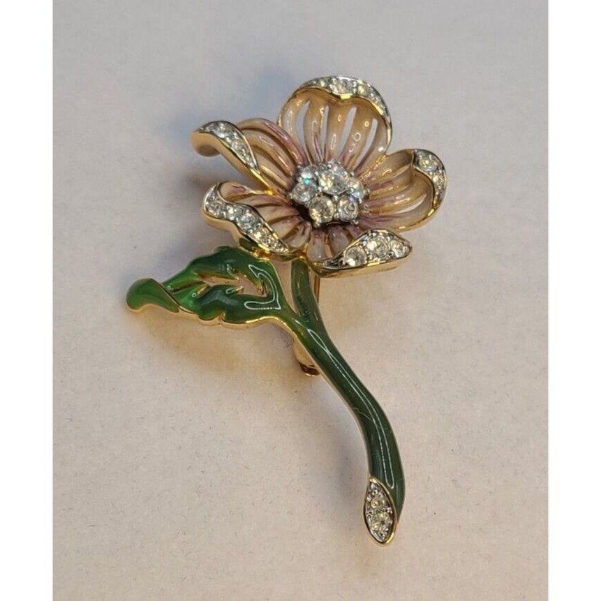 Noland Miller Enamel & Crystal White Flower Brooch/ Pin 2.5" Long